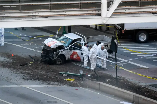 A crashed truck on the New York City's West Side Highway.