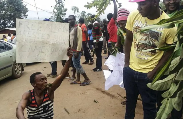 A demonstrator carries a sign calling for the liberation of detained activists during a protest against perceived discrimination in favour of the country's francophone majority on September 22, 2017 in Bamenda