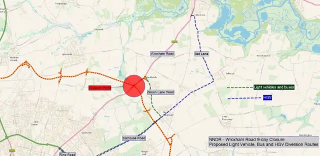 Diversion route during closure of the A1151