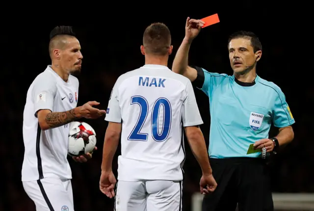 Robert Mak is shown a red card