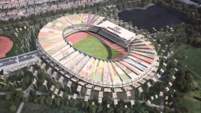 An artist's impression of a refurbished Alexander Stadium from above