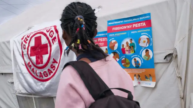 Someone passing Ministry of Health and Malagasy Red Cross healthcare posters