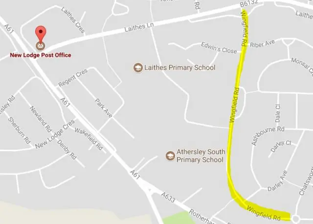 Map showing New Lodge Post Office and Wingfield Road