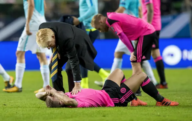 Gordon Strachan and his players react to their World Cup exit