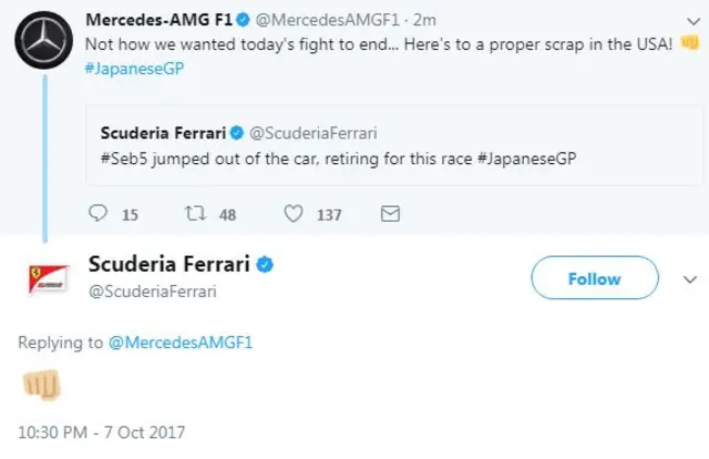 Mercedes and Ferrai on twitter