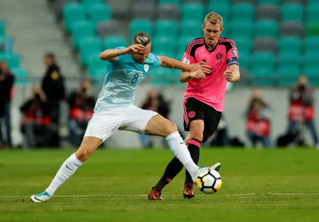 Jasmin Kurtic tussles with Scotland captain Darren Fletcher for possession