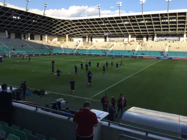 The Scotland players come out for their warm-up