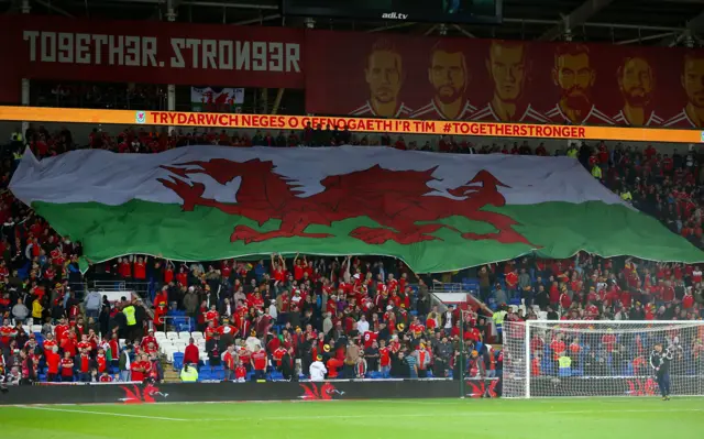 Wales fans hold a flag