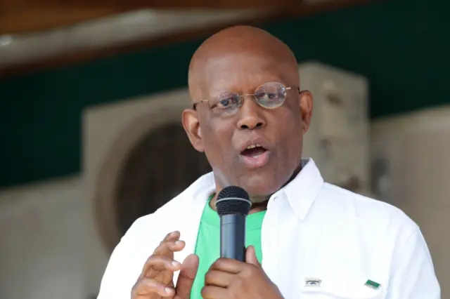 Charles Walker Brumskine, presidential candidate of the Liberty party speaks to supporters during a protest at party headquarters in Monrovia, Liberia, 23 October 2017.