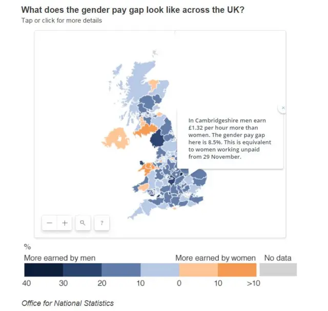 Map showing rates of pay for men and women in the UK