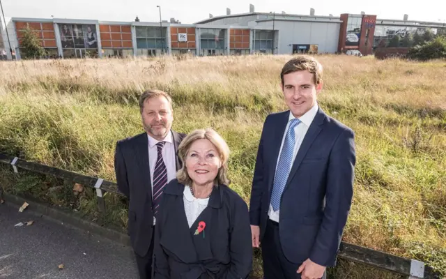 Gerald Gannaway, left, Cllr Izzi Seccombe and Tom Wilcox at the development site in Walsall town centre.