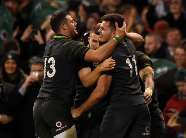 Ireland's Jacob Stockdale celebrates Try