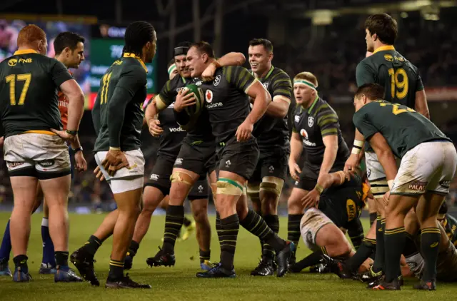 Ireland's Rhys Ruddock celebrates try