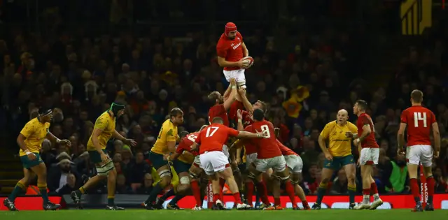 Wales' Cory Hill catches the ball