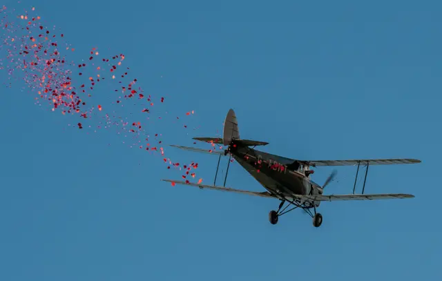 Paper poppy petals fall from the bi-plane