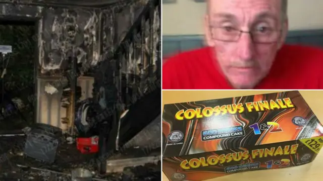 Fire damage at the house of Anthony Nicholls, a photo of the 56-year-old and the box of fireworks left in his home