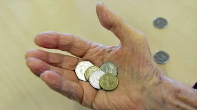 Coins in a hand.