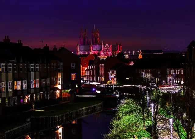 Beverley Minster lit up purple.