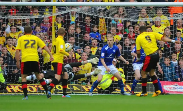 Troy Denney's scores a last-minute goal against Leicester in the 2012-2013 Championship play-offs