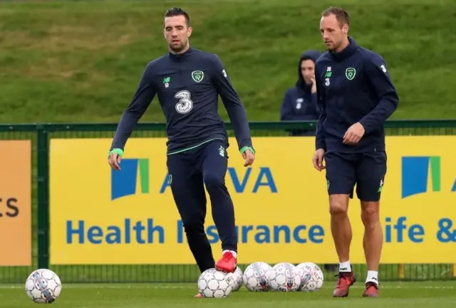 Republic of Ireland"s Shane Duffy and David Meyler during a training session at the FAI National Training Centre, Abbotstown.