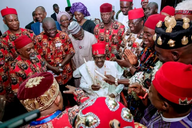 President Muhammadu Buhari is seen as he receives honours during a tour of Ebonyi state, Nigeria November 14, 2017.