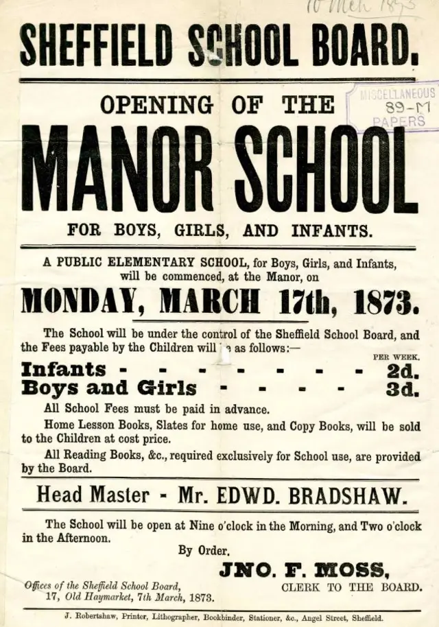 Sheffield School Board - opening of the Manor School for boys, girls and infants, 1873