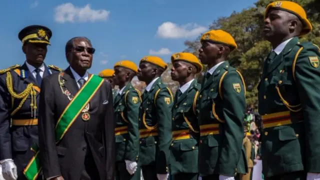 President Robert Mugabe inspecting troops in August 2017, Harare, Zimbabwe