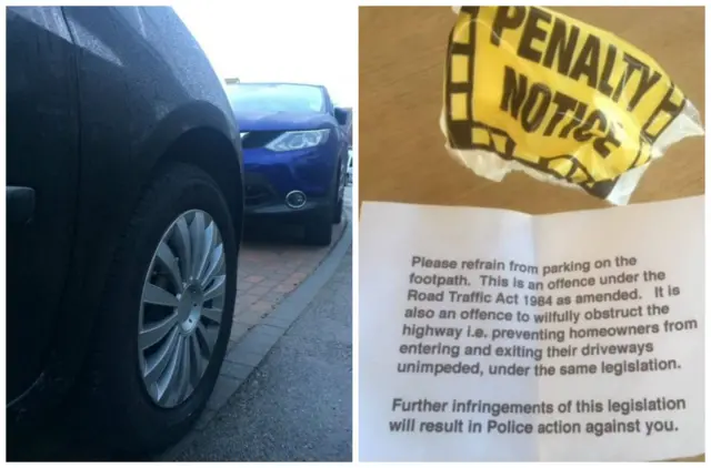 Cars parked close to the pavement and a fake parking ticket.