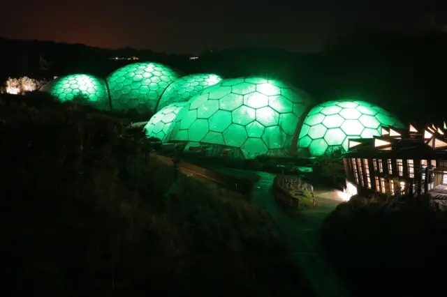 The Eden Project glowing green