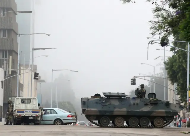 Military vehicles and soldiers patrol the streets in Harare, Zimbabwe, November 15,2017.