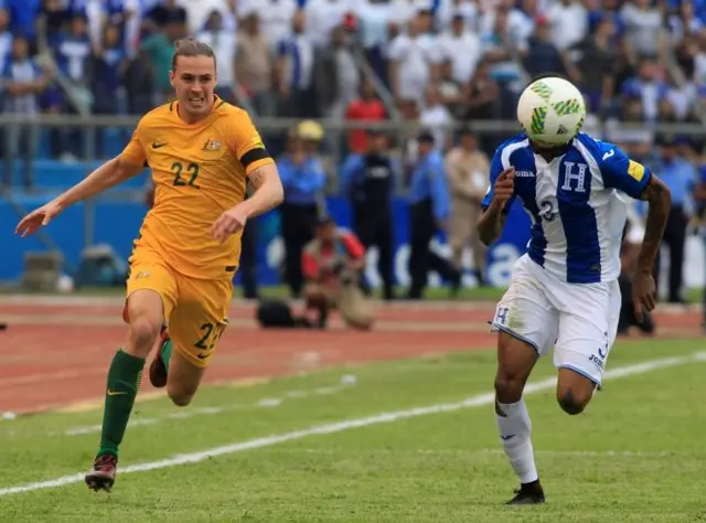 Soccer Football - 2018 World Cup Qualifying Playoffs - Honduras v Australia - Jackson Irvine of Australia and Henry Figueroa of Honduras in action