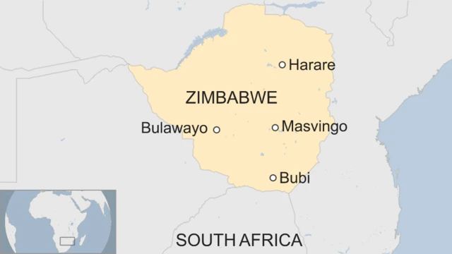 A map showing Bubi in Zimbabwe and its proximity to the South African border