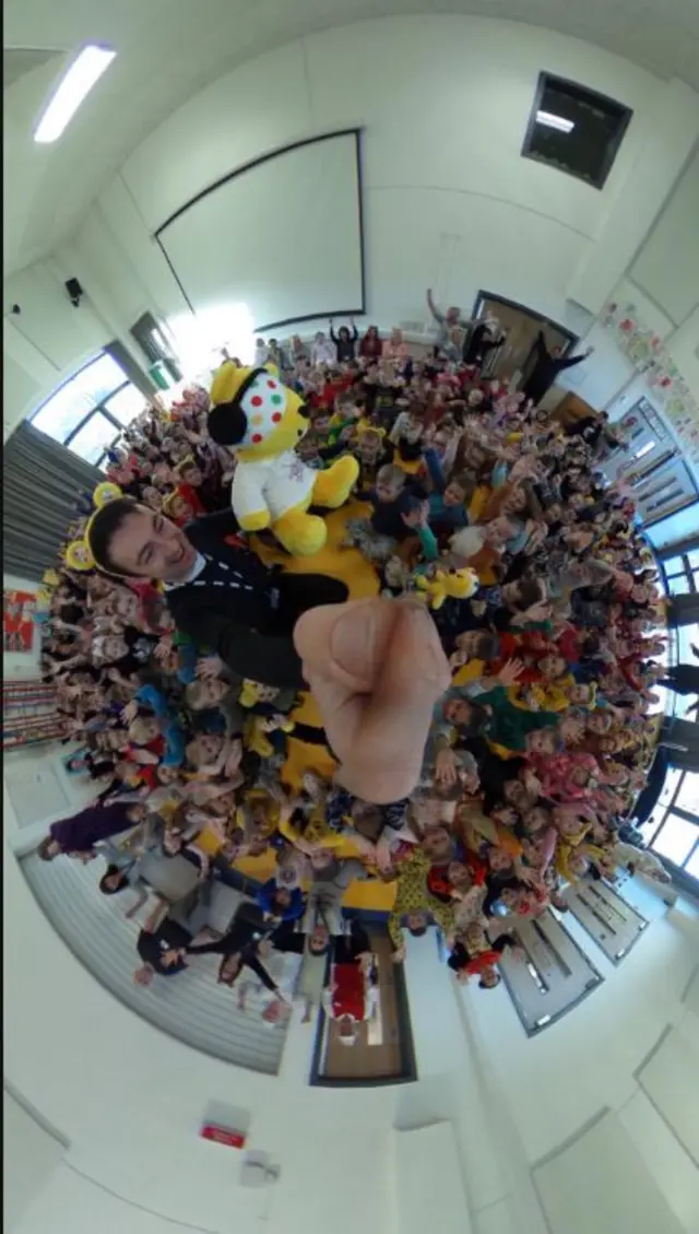 A circular picture of James. Pudsey and 300 children from Ainthorpe Primary School in Hull.