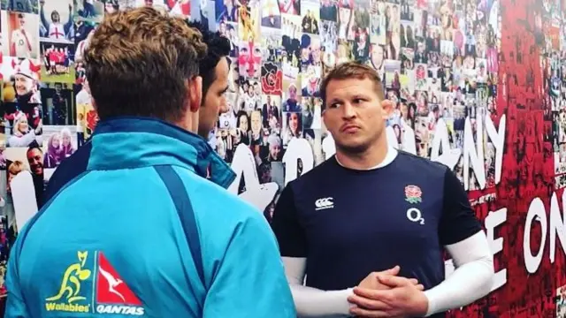 Michael Hooper, referee Ben O'Keeffe and Dylan Hartley