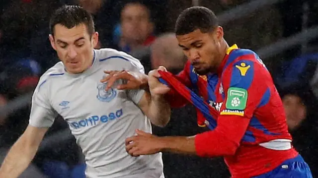 Everton's Leighton Baines in action with Crystal Palace's Ruben Loftus-Cheek