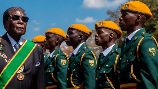 Robert Mugabe inspecting the presidential guard in August 2017