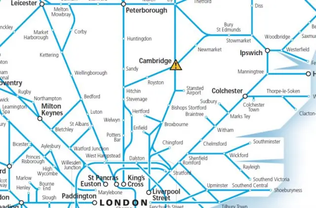 Route map of Greater Anglia routes