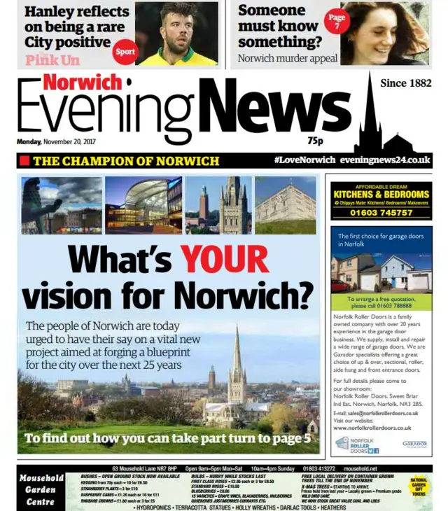 Front page of the Norwich Evening News