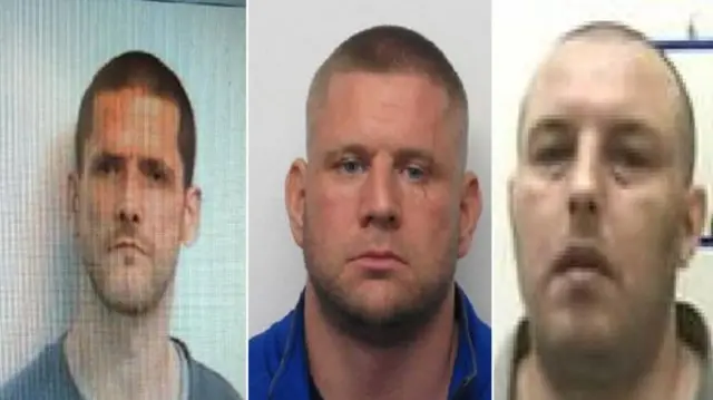 Nicholas Redding (left), James Vaughan (centre) and Barry Anderson (right) escaped from HMP Spring Hill in Buckinghamshire