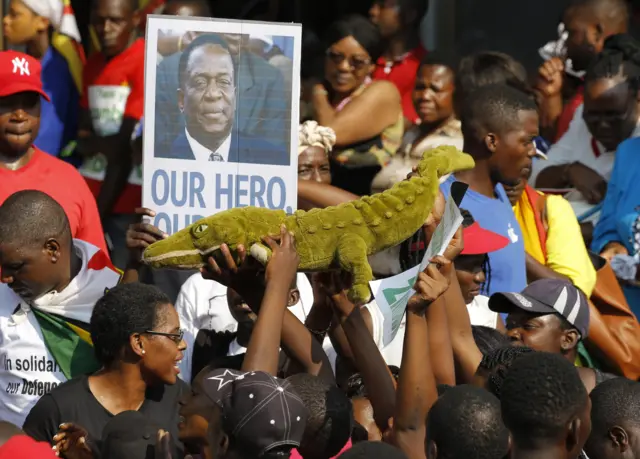 Zanu-PF supporters with a toy crocodile - 22 November 2017