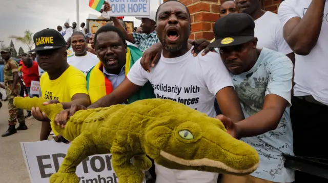 Zanu-PF supporters with a toy crocodile, Harare, Zimbabwe - Wednesday 22 November 2017