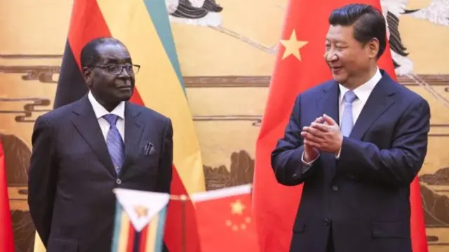 Zimbabwe's outgoing President Robert Mugabe stands next to China's President Xi Jinping