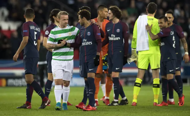 Leigh Griffiths shakes hands with Neymar at full-time