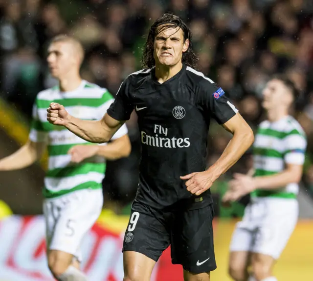 PSG striker Edinson Cavani scored twice in a 5-0 victory at Celtic Park