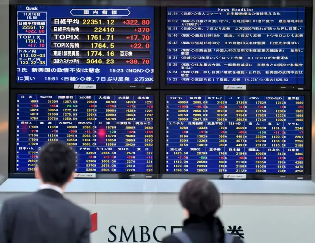 Japanese investors look at market board