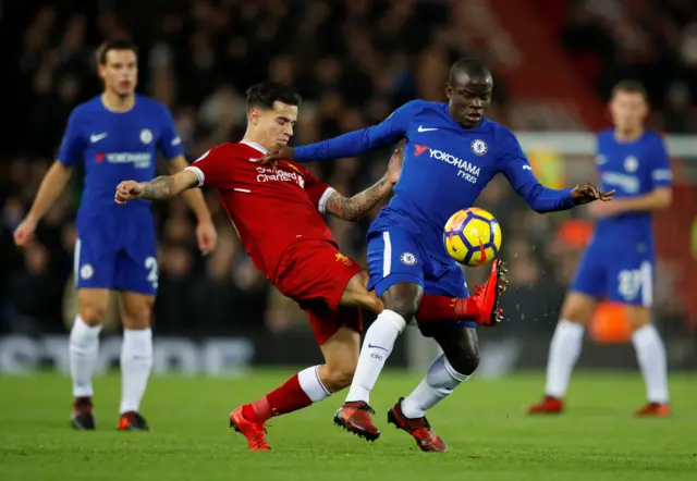 Philippe Coutinho and N'Golo Kante fight for the ball