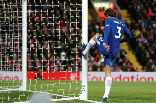 Marcos Alonso kicks the post in frustration