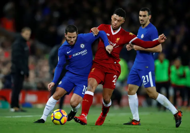 Eden Hazard runs at Alex Oxlade-Chamberlain