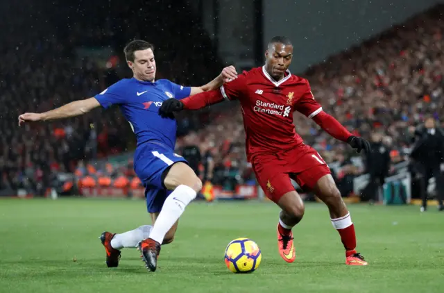 Daniel Sturridge takes on Cesar Azpilicueta