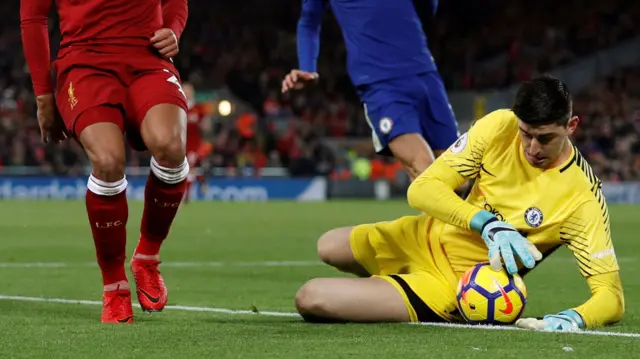 Thibaut Courtois handles the ball just inside his area